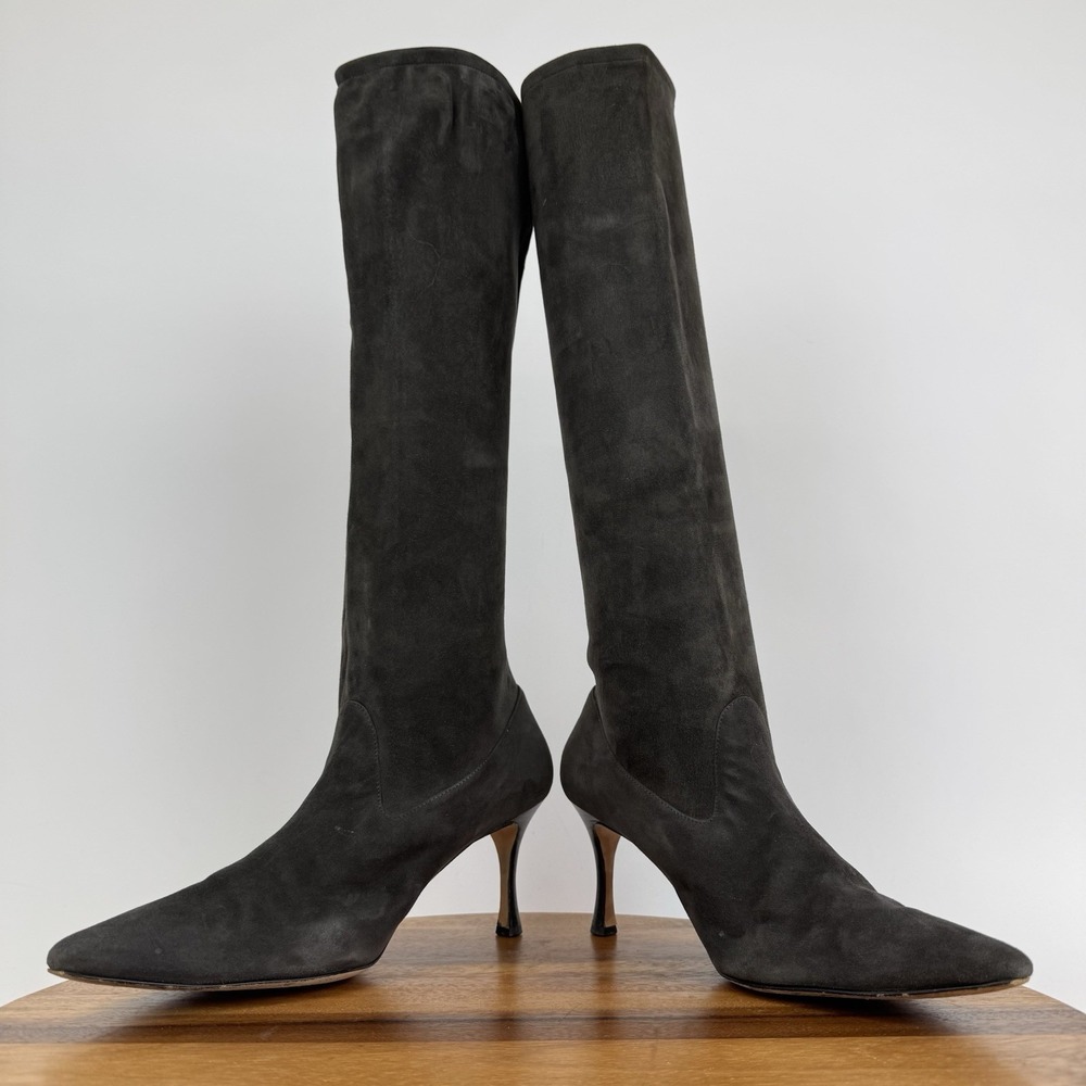 Womens Manolo Blahnik Pamfilo Stretch Gray Suede Pull‎ On Stiletto Boots Size 40 - Picture 7 of 11